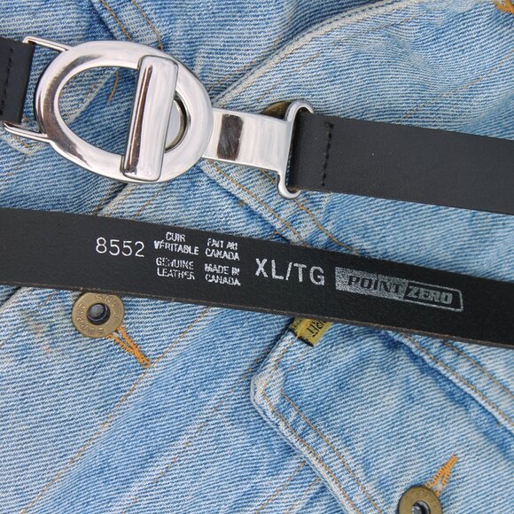 90s Point Zero Black Genuine Leather Silver Clasp Belt Made in Canada XL 38" - Picture 3 of 5